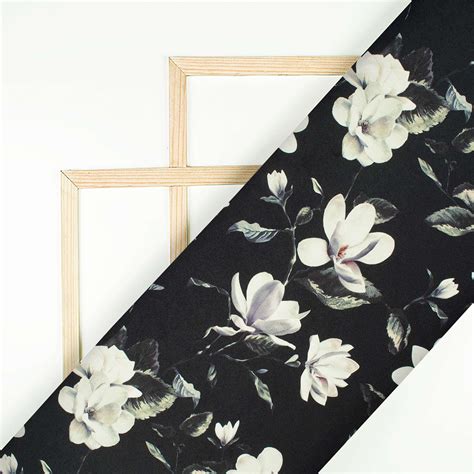 Black And Off White Floral Pattern Digital Print Japan Satin Fabric ...