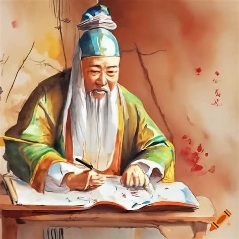 Aquarel painting of a wise chinese man writing on Craiyon