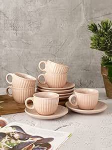 Buy miah decor Pink Glazed Stoneware Pottery Ceramic Tea Cup and Saucer ...