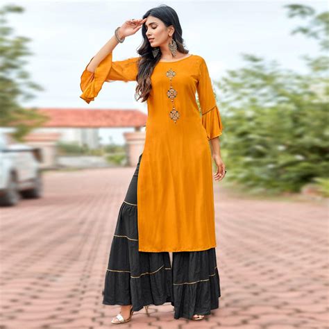 Orange Casual Wear Embroidered Rayon Palazzo Suit