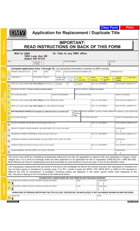 Oregon DMV Form 735-0515. Application for Replacement / Duplicate Title ...
