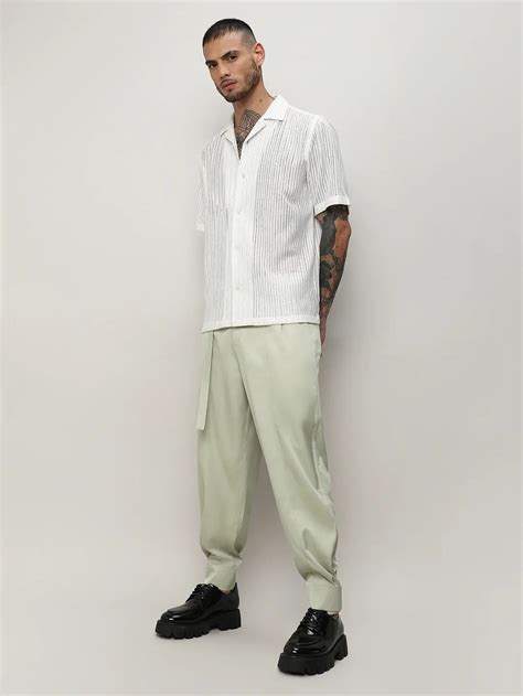 ₹899 | Campus Sutra men's Sage Green Satin Tapered Trousers - Campussutra