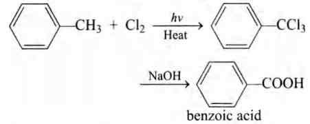 Chlorination of toluene in the presence of light and heat followed by ...
