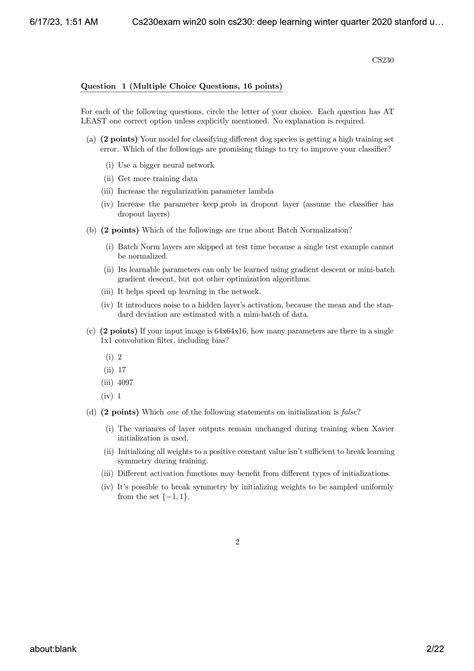 SOLUTION: Cs230exam win20 soln cs230 deep learning winter quarter 2020 ...