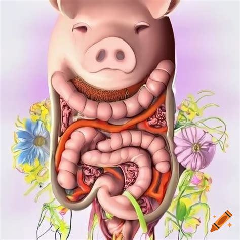 Illustration of pig's digestive system with flowers on Craiyon