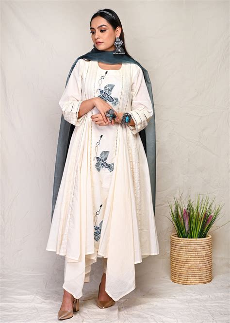 Ivory White Sequence Work Indian Wear Kurta Set With Blue Dupatta ...