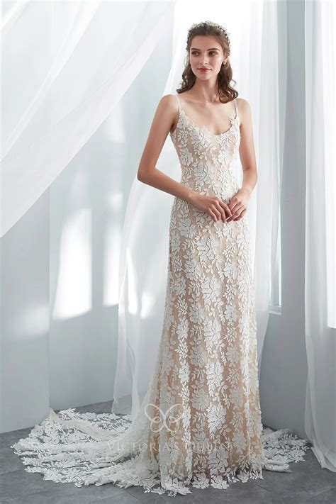 Spaghetti Strap Champagne Lace Sheath Bohemian Bridal Dress - VQ