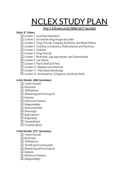 Nclex Study PLAN - NCLEX STUDY PLAN Mark Klimek and UWorld Checklist ...
