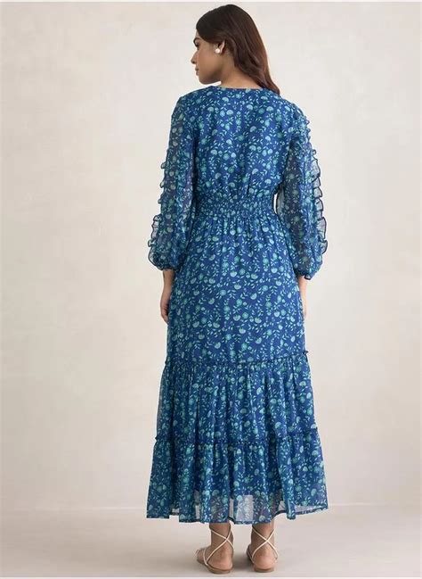 اشتري فيميلا Floral Print Ruffle Detail Notch Neck Maxi Dress by Styli ...