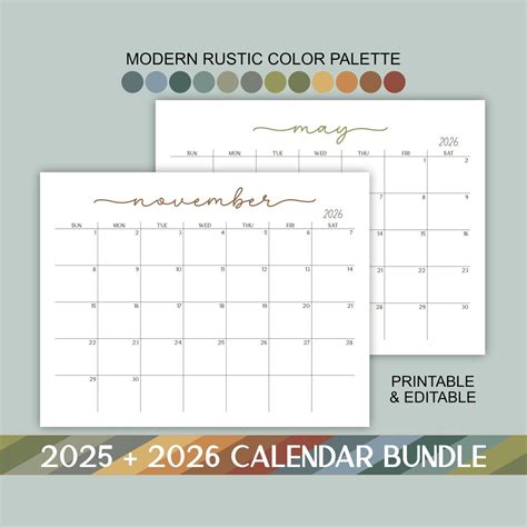 Buy 2025 2026 Printable Editable Calendar Bundle Landscape Monthly ...