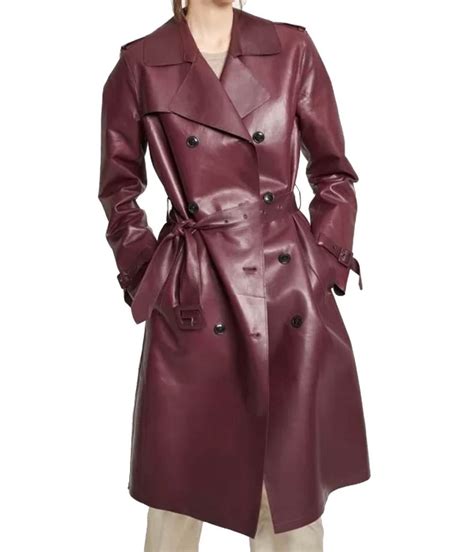 Women's Double Breasted Belted Burgundy Leather Trench Coat - Jackets ...