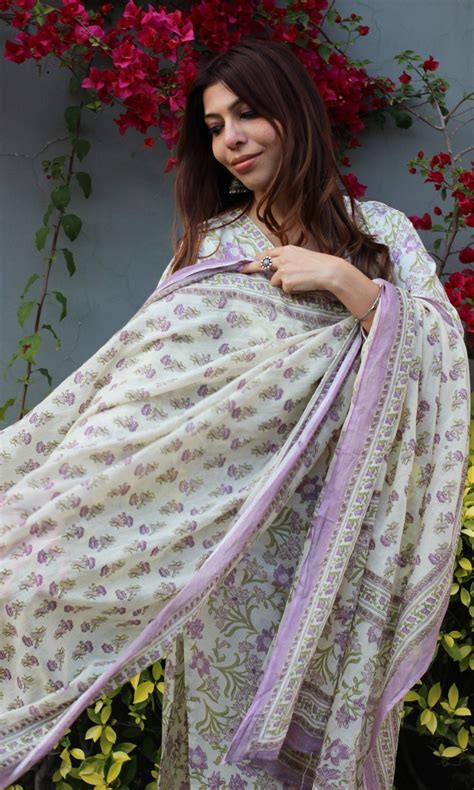 Cotton Sanganeri Off White & Purple Suit Set with Printed Dupatta ...