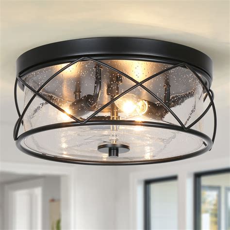 Raretta Modern Farmhouse 3-Light Drum Flush Mount Black Glass Ceiling ...