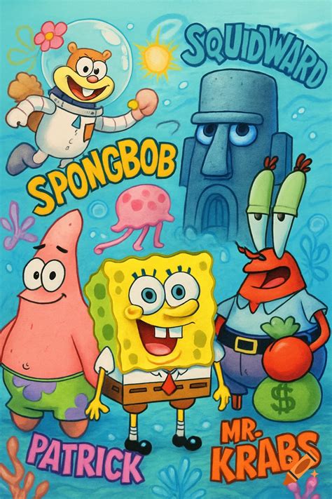 A vibrant illustration of Spongebob Squarepants characters including ...