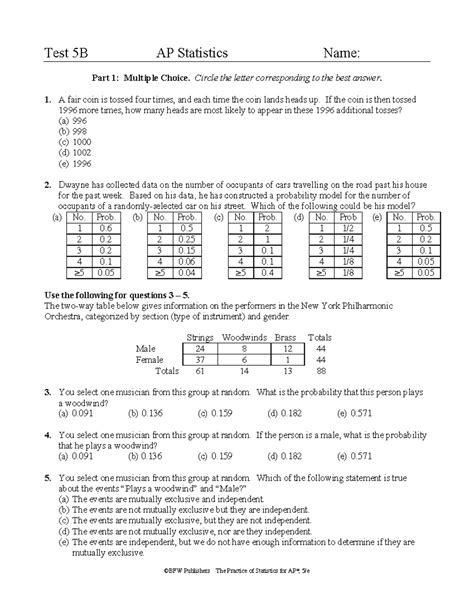 AP Stats Ch 5 Practice Test - Test 5B AP Statistics Name: Part 1 ...