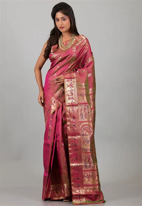 Cross Rani Pink with Zari work Pure Baluchari Silk Saree with Blouse P