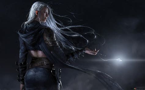 Beautiful anime warrior girl with long white hair 4K wallpaper download