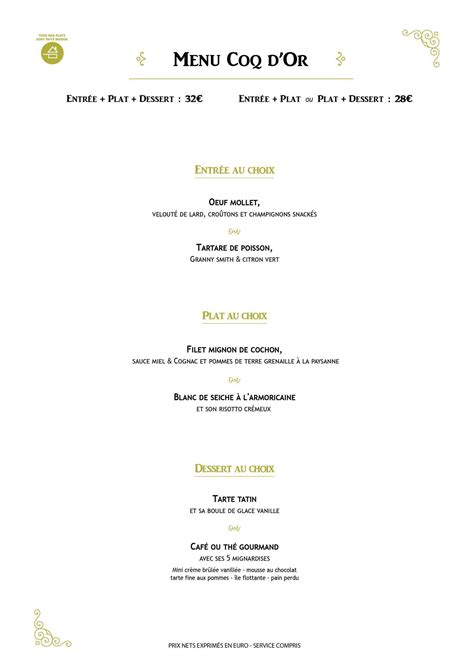 Menu au Le Coq d'Or restaurant, Cognac