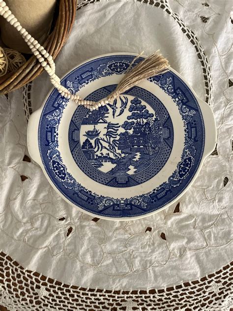 Antique Willow Ware Blue Willow Plate - Handled Blue Transferware Plate ...