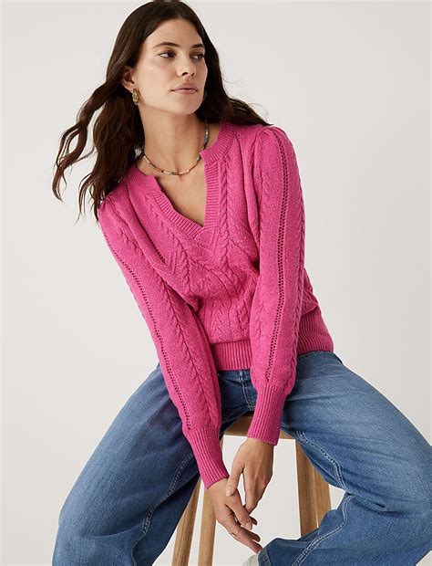Buy Cotton Rich Pointelle V-Neck Jumper at Marks & Spencer