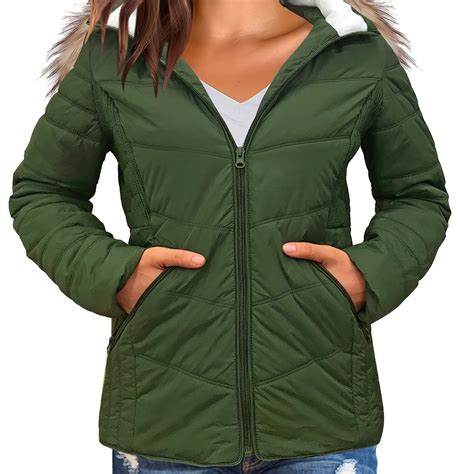 Solid Pocket Zip Up Warm Jacket Long Sleeve Mature Hooded Jacket Women ...