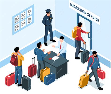Free Vector | Male migrant workers with suitcases in migration service room 3d isometric vector ...