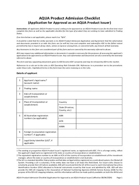 Fillable Online Aqua Product Admission Checklist for Approval as Issuer ...