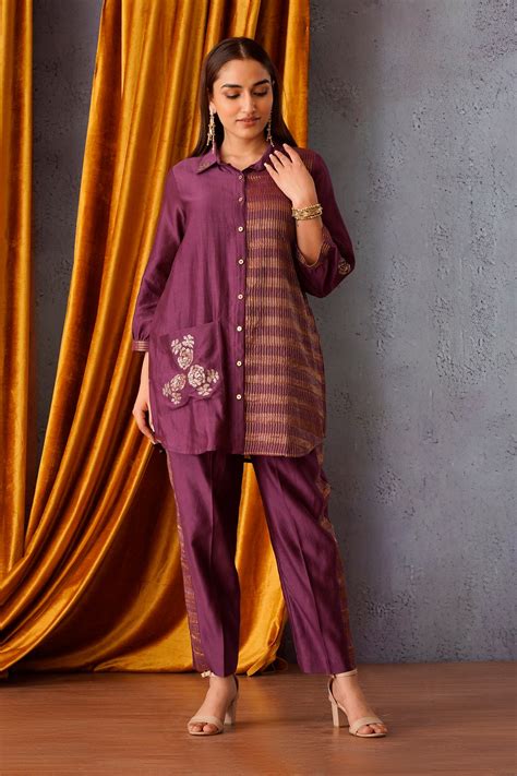 Wine Button Down Co-ord Set with Side Pocket – OMI