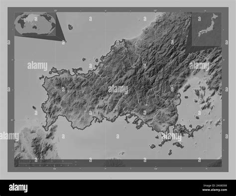 Yamaguchi, prefecture of Japan. Grayscale elevation map with lakes and rivers. Corner auxiliary ...