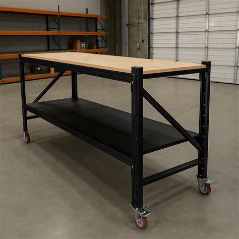 Steel Work Bench 2.4M x 0.6M x 1.03M Plywood Work Top On Castors Black ...