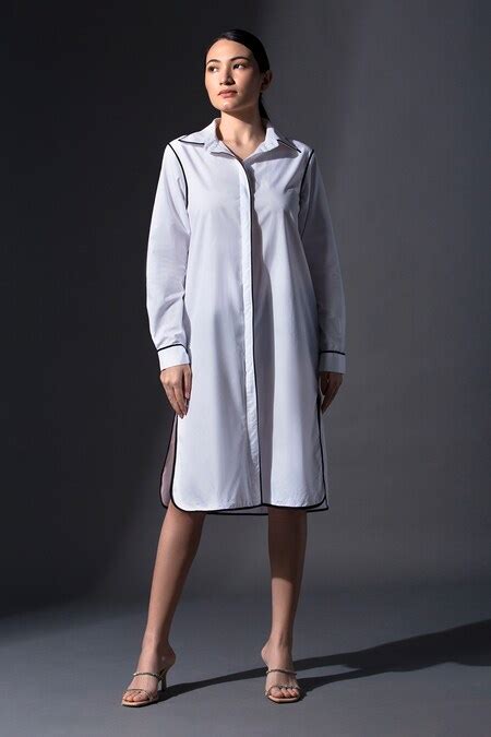 Buy White 100% Cotton Wide Collar Curved Hem Shirt Dress For Women by ...