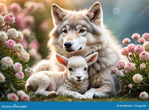 Cute and Adorable Little Fluffy Wolf and Lamb in Flowers. Generative AI ...