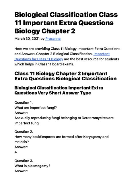 Biological Classification Class 11 Important Extra Questions Biology ...