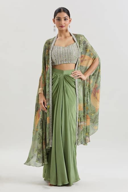 Buy Green Chiffon Sequins, Beads, Cut Work Floral Print Cape And Draped ...