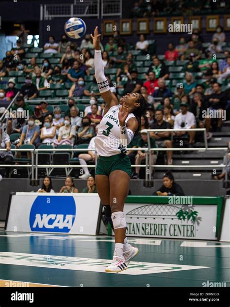 September 4, 2022 - Hawaii middle blocker Amber Igiede (3) serves ...