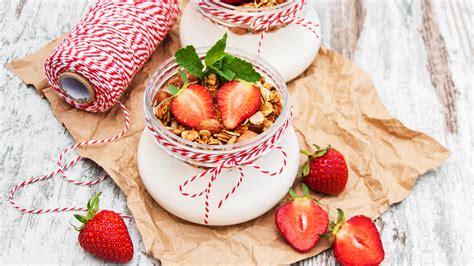 Download wallpaper table, Breakfast, strawberry, jars, yogurt, Olena ...