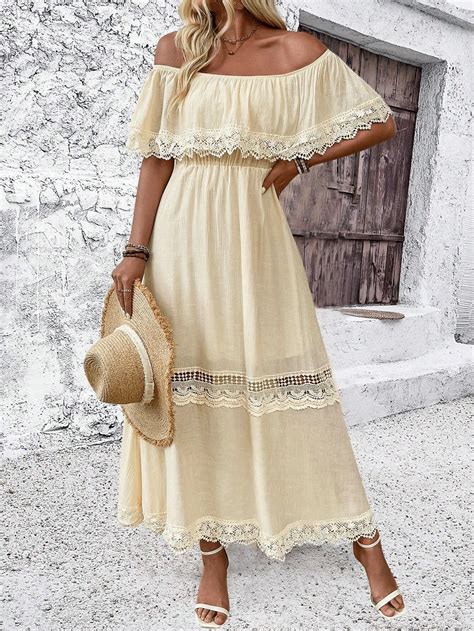 SHEIN VCAY Off Shoulder Contrast Lace Textured Summer Vacation Dress ...