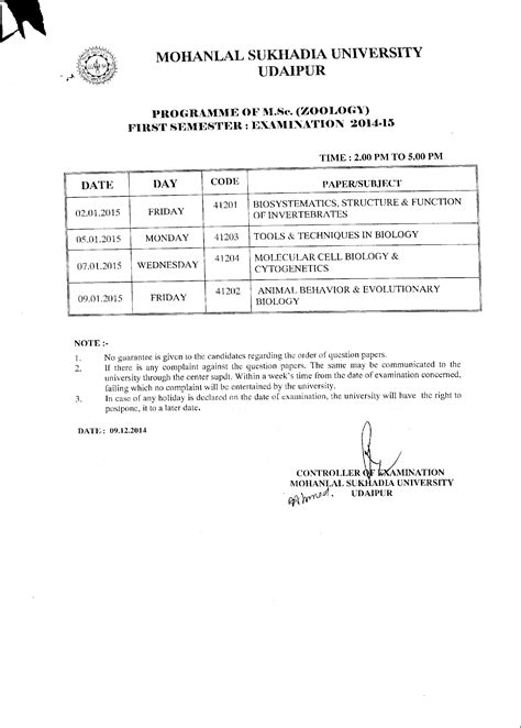 Programme of M.Sc. First Semester Zoology :: Mohanlal Sukhadia ...