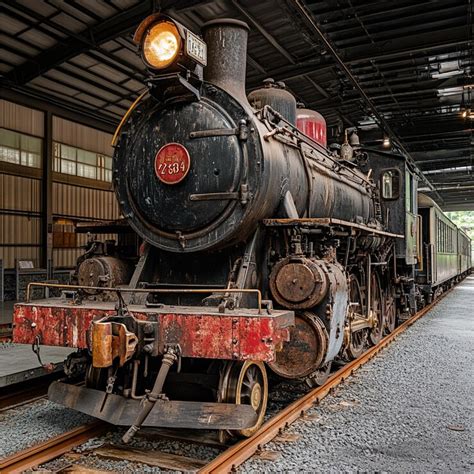 A historical railway museum with preserved locomotives and artifacts ...