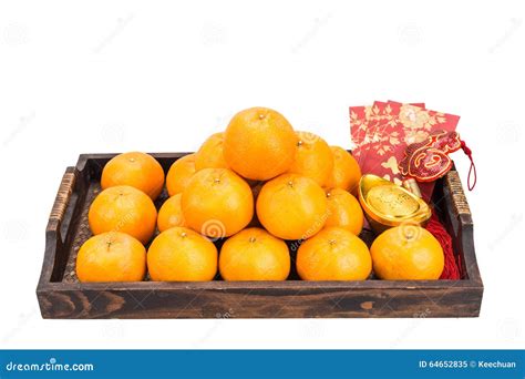 Mandarin Oranges, Gold Nuggets, Red Packets with Good Luck Char Stock ...