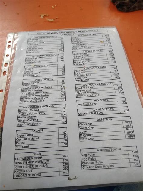 Menu at Mayura Vanashree Restaurant, Bengaluru