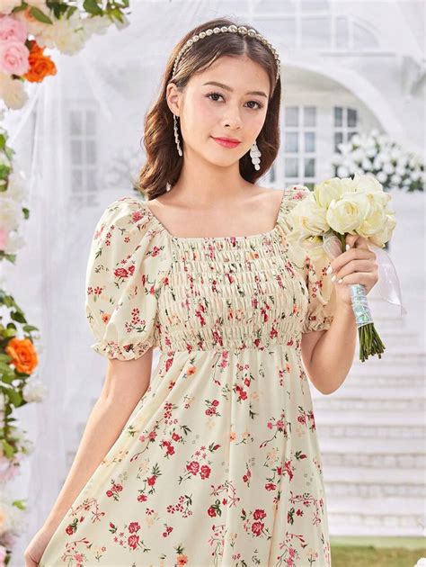 Champagne Floral Puff Sleeve Teen Girl's Dress, Elegant | SHEIN USA