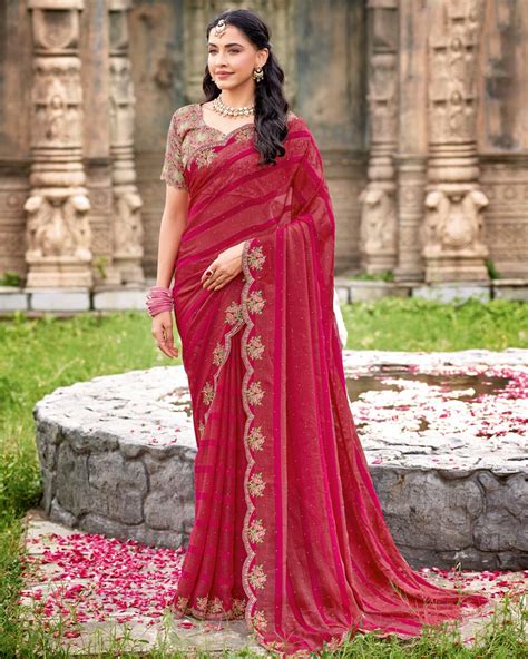 Vishal Prints Burgundy Designer Fancy Chiffon Saree With Diamond Work