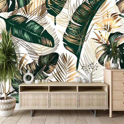 Pattern of Tropical Green and Golden Leaves Wallpaper - Magic Decor