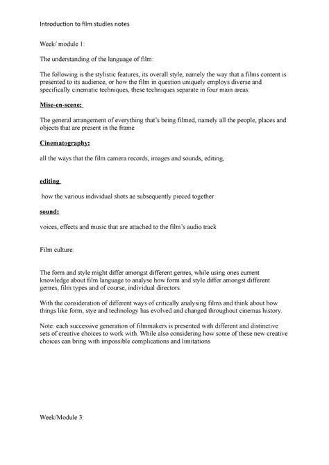 ITFS Notes 2 - fgchvjkl - Week/ module 1: The understanding of the language of film: The ...