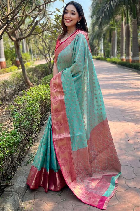 Sonorous Firozi Soft Banarasi Tissue Silk Saree With Brood Blouse Piec ...