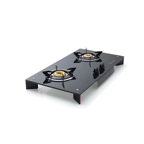 Butterfly Prism Glass 2 Burner Gas Stove, Black/Red Top Knob