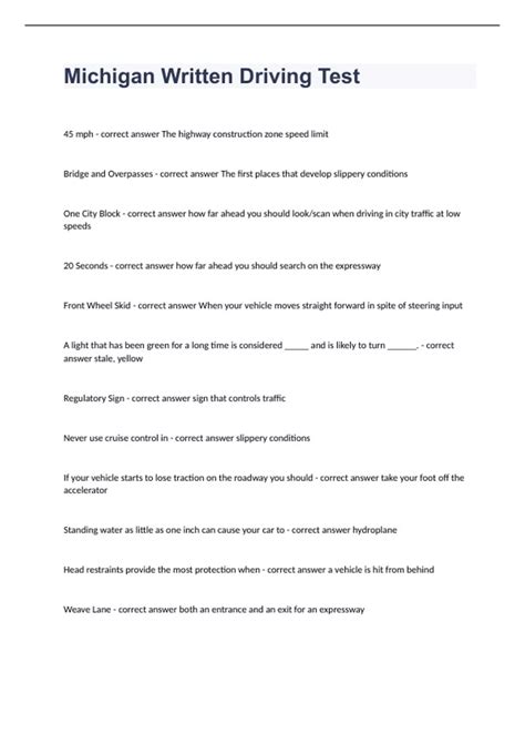 Michigan Written Driving Test Question and answers correctly solved ...