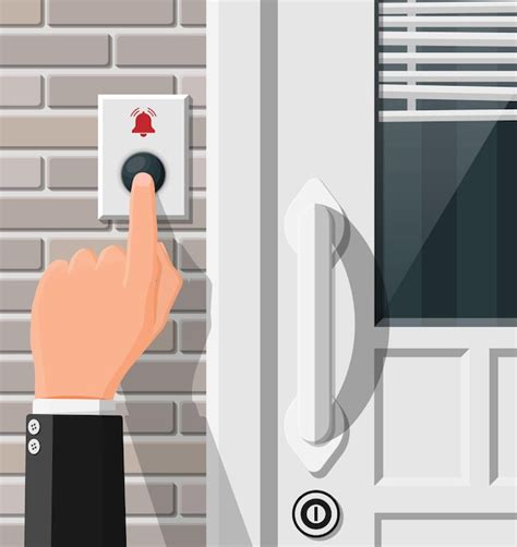 Hand push the bell button at the front door. finger presses the ...