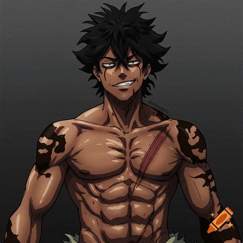 Anime portrait of a muscular man with tattoos, scars, and spiky black ...